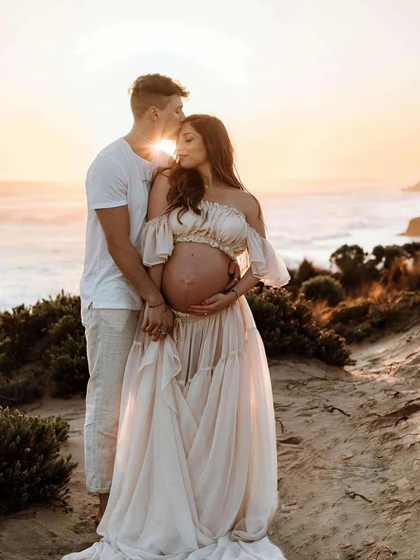 Mumsmode Bohemian Zwangerschaps Tweedelige Set Maxi Jurk Off-Shoulder Rugloos Ruches Fotoshoot