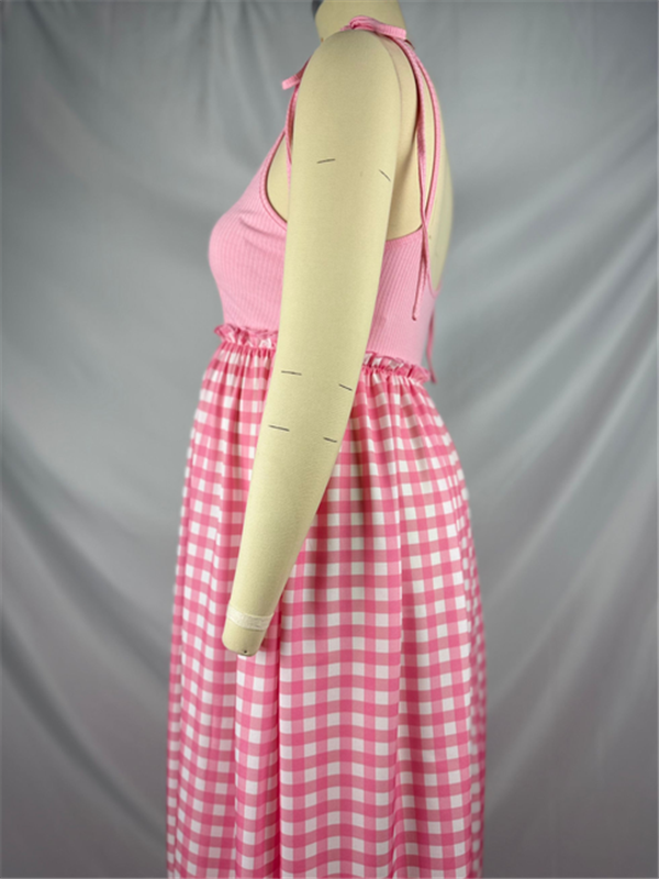 Mumsmode Zwangerchaps Maxi BabyShower Jurk Schat meisje Plaid Spaghetti Gekreukt Ronde Hals Roze