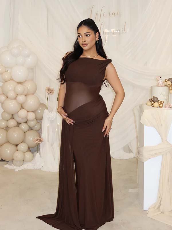 Mumsmode Donkerbruin Zwangerschaps Maxi Jurk Asymmetrische Schouder Gedrapeerd Zoom Geplooid Babyshower