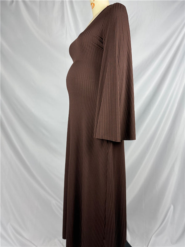 Mumsmode Zwangerchaps Midi Fotoshoot Jurken Elegant Gebonden rug Flare Mouw Bruin