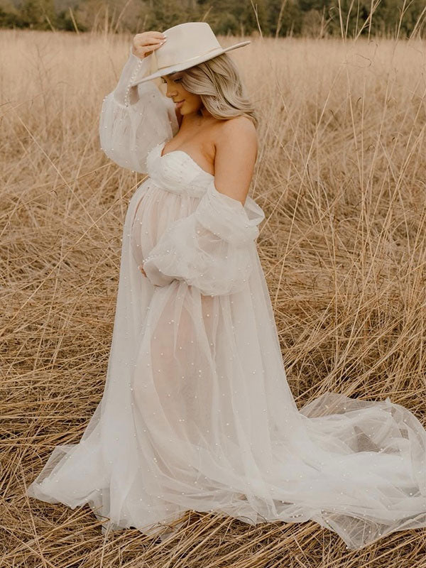 Mumsmode Zwangerchaps Fotoshoot Jurken Elegante Tule Zijsplit Parel Maxi Jurken