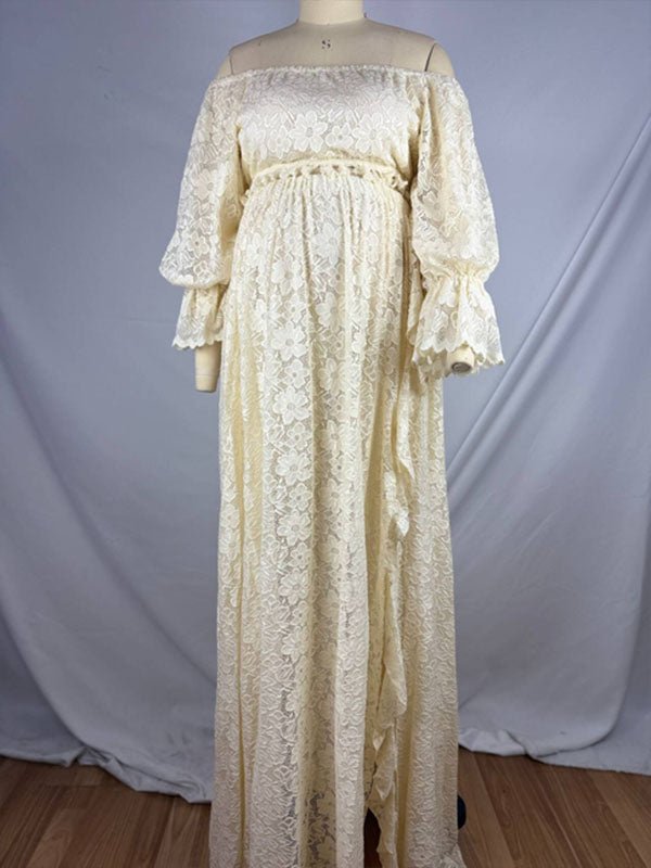 Boho Zwangerschaps Maxi Jurk Kant Off-Shoulder Kwastjes Tweedelige Set