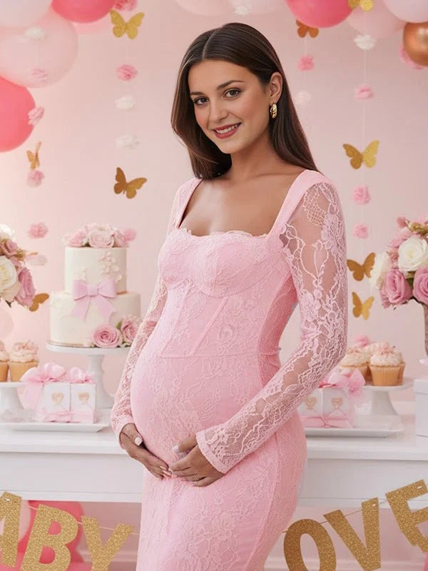 Mumsmode Zwangerschaps Maxi Kanten Babyshowerjurk Chique Cocktail Vierkante Hals Zijsplit Bodycon Jurk