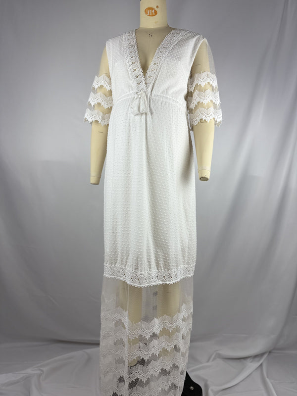 Mumsmode Zwangerchaps Maxi Fotoshoot Jurk Boheems Kanten Rugloos Kwasten V-hals Wit