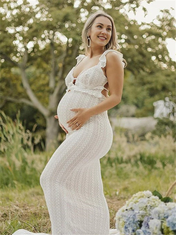 Mumsmode Zwangerchaps Maxi Fotoshoot Jurk Elegant Rugloos Breien V-hals Wit