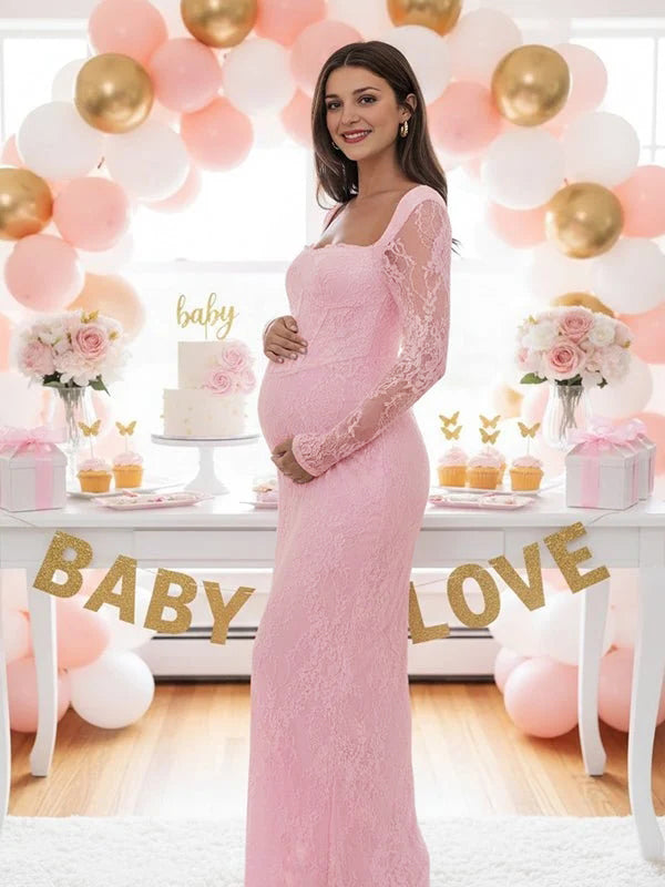 Mumsmode Zwangerschaps Maxi Kanten Babyshowerjurk Chique Cocktail Vierkante Hals Zijsplit Bodycon Jurk