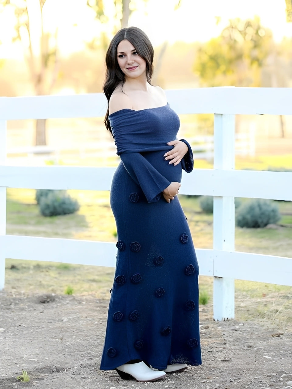 Mumsmode Maxi Zwangerchap Babyshowerjurk Blauw Elegant Bodycon Fotoshoot Knit Appliques Off Shoulder Ceremonie