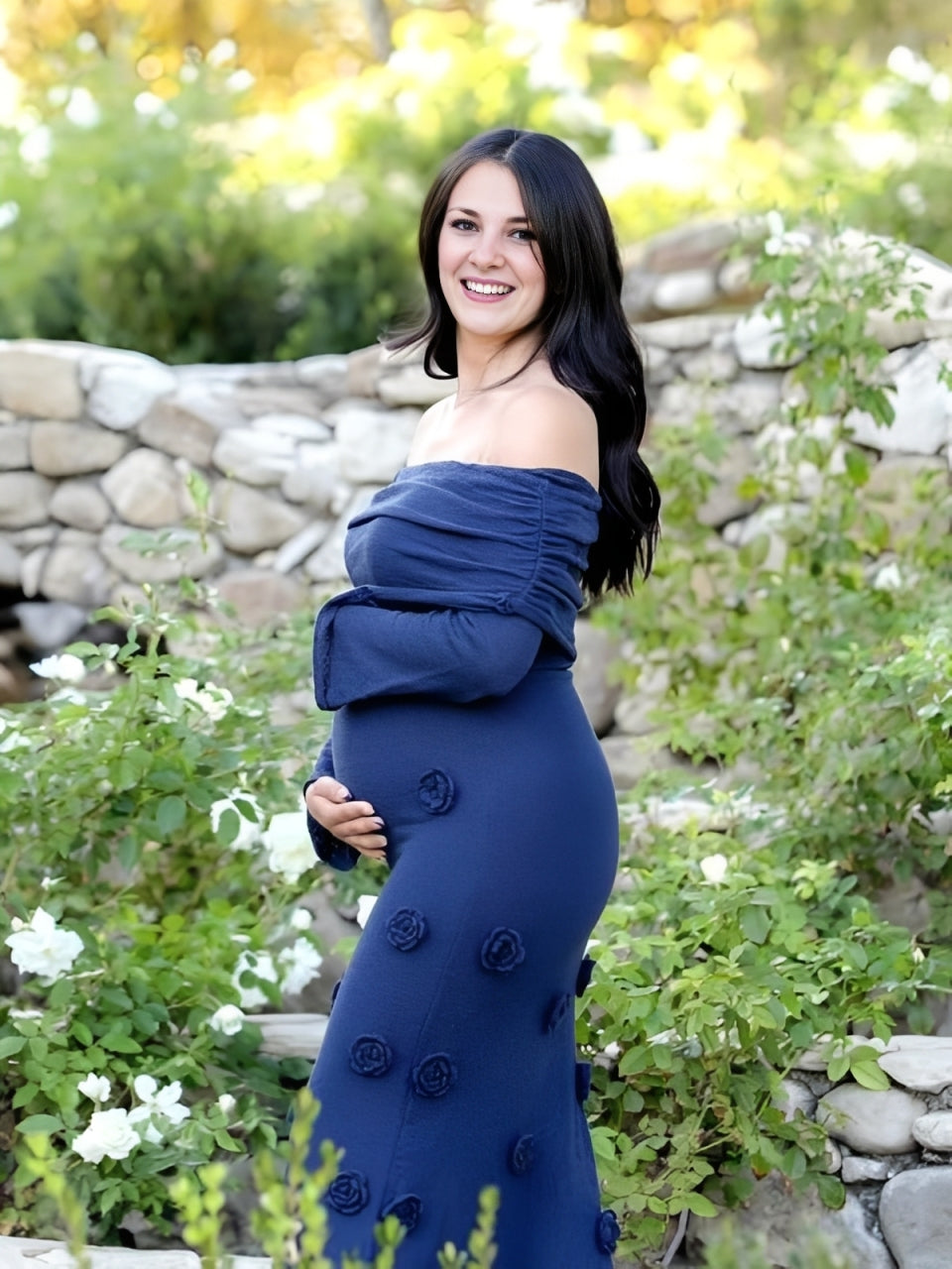 Mumsmode Maxi Zwangerchap Babyshowerjurk Blauw Elegant Bodycon Fotoshoot Knit Appliques Off Shoulder Ceremonie