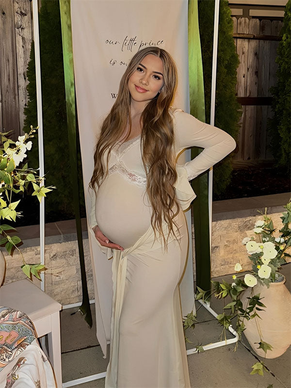 Mumsmode Maxi Babyshower Zwangerschapsjurk Kant Ruches Flare Mouwen Elegante Jurk Fotoshoot Gender Reveal