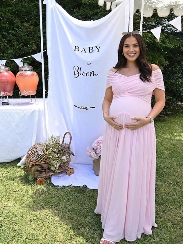 Roze Zwangerschaps Maxi Jurk Off Shoulder Gekruiste Hals Geplooid Tule