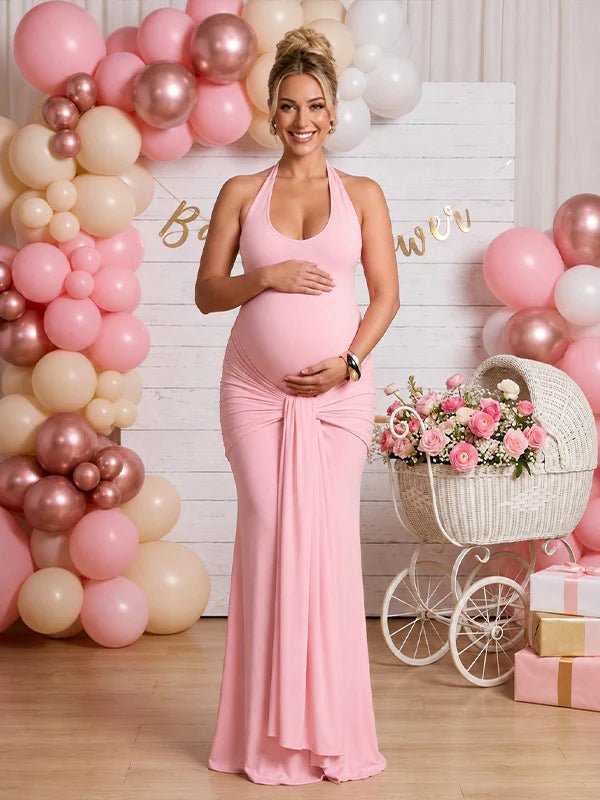 Zwangerschaps Maxi Jurk Bodycon Gedrapeerd Halterhals Rugloos