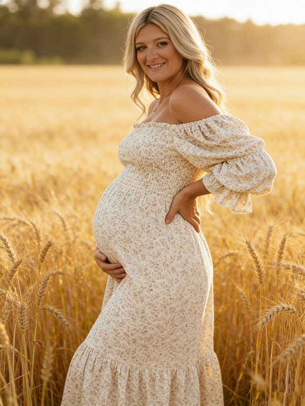 Mumsmode Schattige Zwangerschaps Maxi Jurk Ruches Geplooid Hoge Taille Pofmouwen Fotoshoot