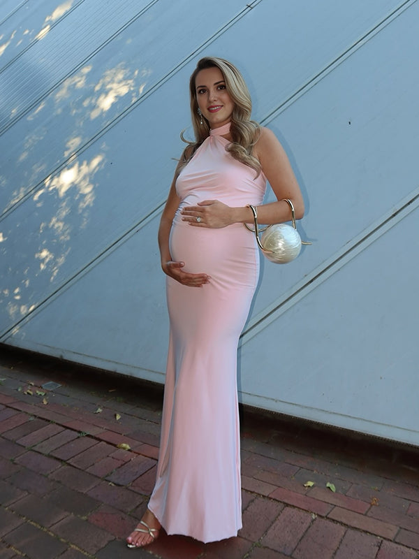 Mumsmode Zwangerchaps Maxi BabyShower Jurken Elegant Rugloos Gebonden rug Zeemeermin Halternek Roze