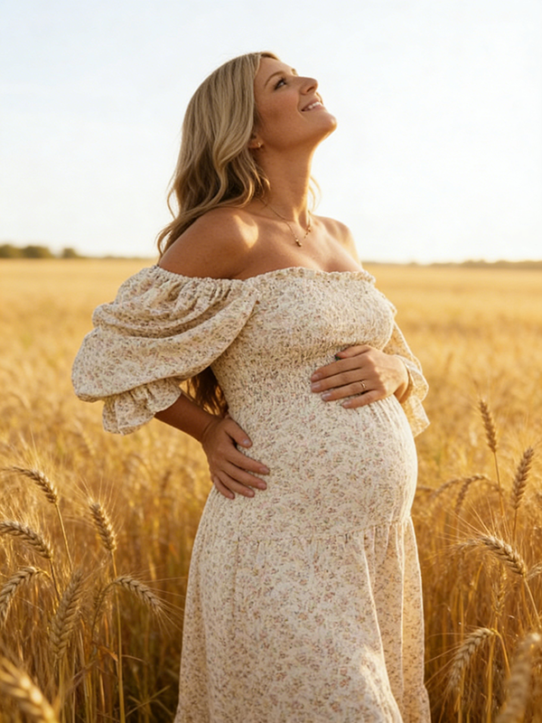 Mumsmode Schattige Zwangerschaps Maxi Jurk Ruches Geplooid Hoge Taille Pofmouwen Fotoshoot
