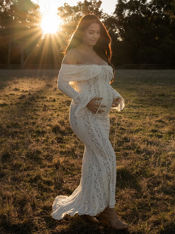 Mumsmode Zwangerchap Kanten Jurken Elegant Zeemeermin Off Shoulder Vlinderdas Bruiloft Maxi Jurken
