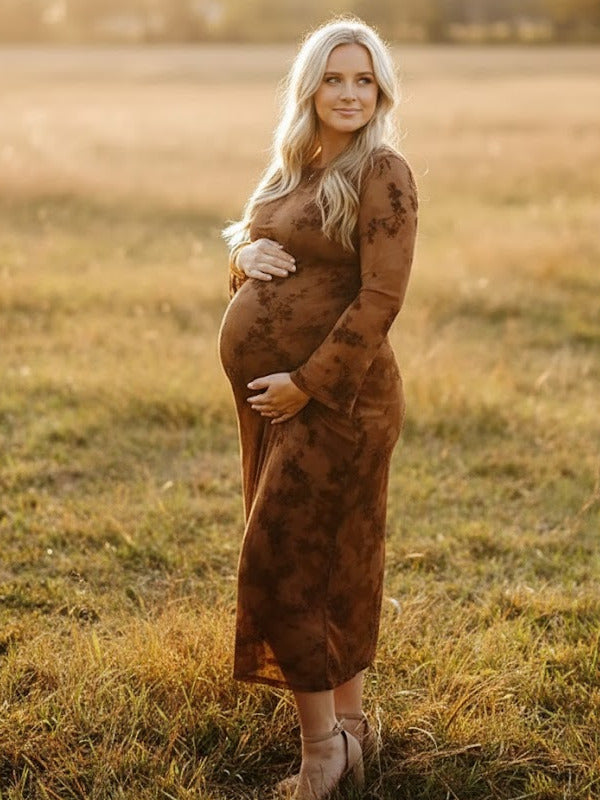 Mumsmode Zwangerschaps Maxi Bodycon Jurk Chique Fotoshoot Bloemenprint Tule Ruches 2-in-1