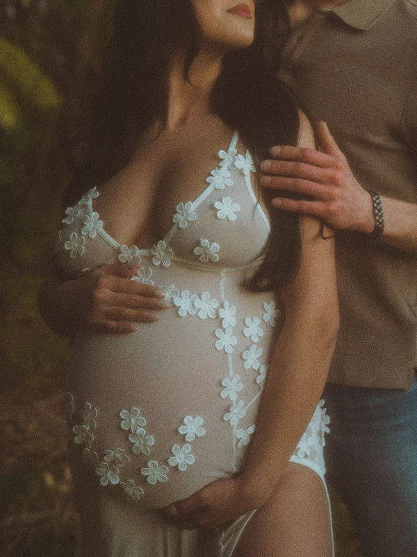 Mumsmode Zwangerchaps Fotoshoot Jurken Elegant Vakantie Tule perspectief Appliques Zijsplit Rugloos Maxi Jurken