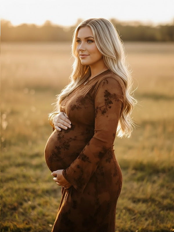 Mumsmode Zwangerschaps Maxi Bodycon Jurk Chique Fotoshoot Bloemenprint Tule Ruches 2-in-1