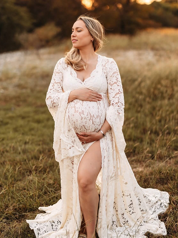 Mumsmode Zwangerchaps Maxi Fotoshoot Jurken Elegant Boheems Kanten Zijsplit Flare Mouw