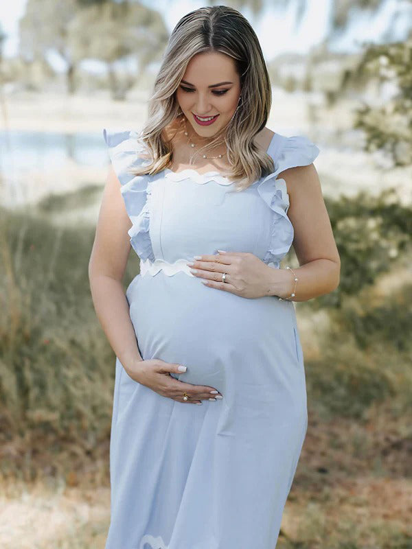 Mumsmode Zwangerchaps Midi Fotoshoot Jurk Elegant Ruches Vierkante Hals Lichtblauw
