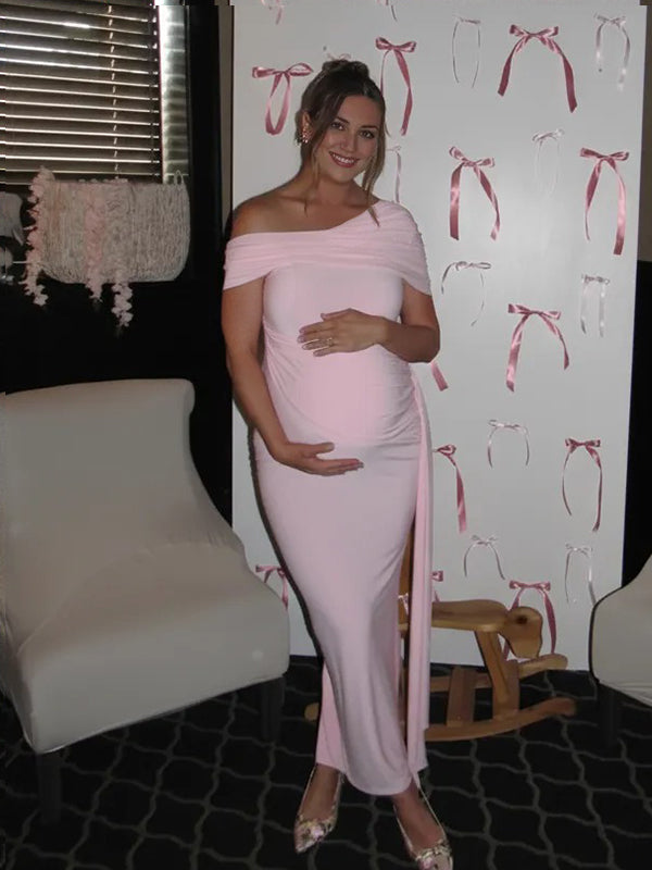 Mumsmode Roze Zwangerschaps Maxi Jurk Off-Shoulder Gedrapeerd Babyshower