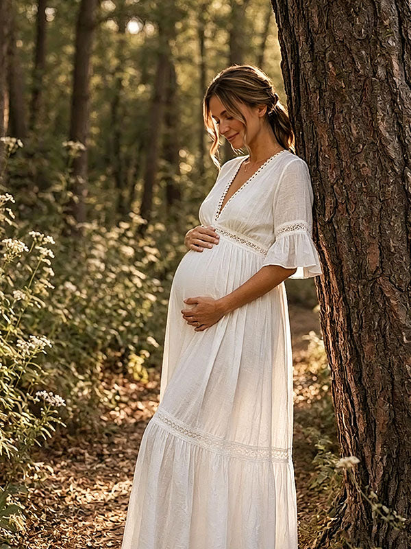 Boho Zwangerschapsjurk Maxi Diepe V-Hals Gehaakt Jurk