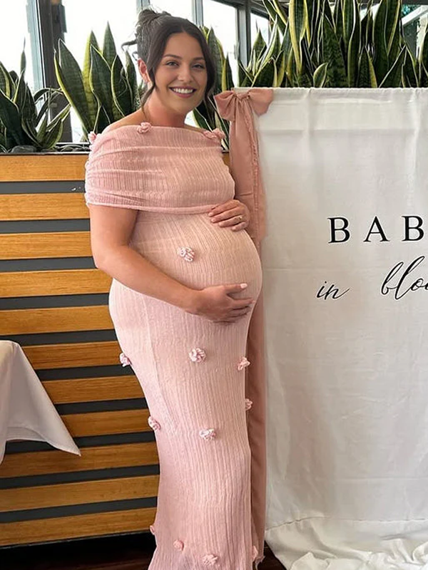 Mumsmode Zwangerschaps Maxi BabyShower Jurk Chique Off Shoulder Tule 3D Bloemen Bodycon