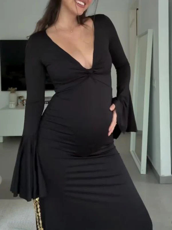 Mumsmode Zwangerschaps Maxi Jurk Babyshower Ceremonie Bodycon Ruches Zeemeermin Knoop