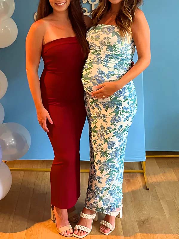 Blauwe Zwangerschaps Maxi Jurk Bloemenprint Strapless Bodycon