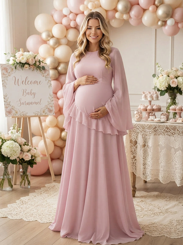 Elegante Chiffon Zwangerschaps Maxi Jurk Ruffles Uitlopende Mouwen