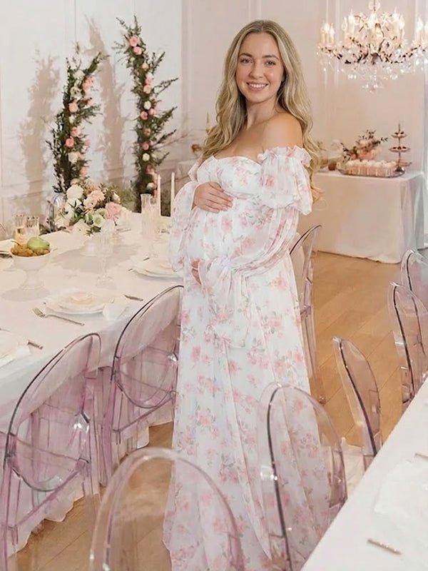 Roze Bloemen Off-Shoulder Grote Zwangerschaps Fotoshoot Maxi Jurk