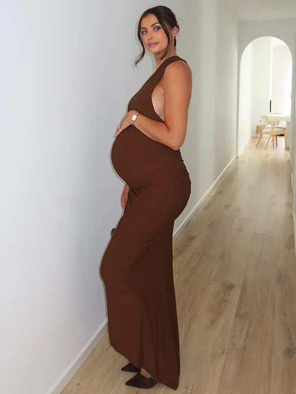Mumsmode Chique Een Open Schouder Rugloos Lintjes Gedrapeerd Zeemeermin Bodycon Babyshower Zwangerschaps Maxi Jurk