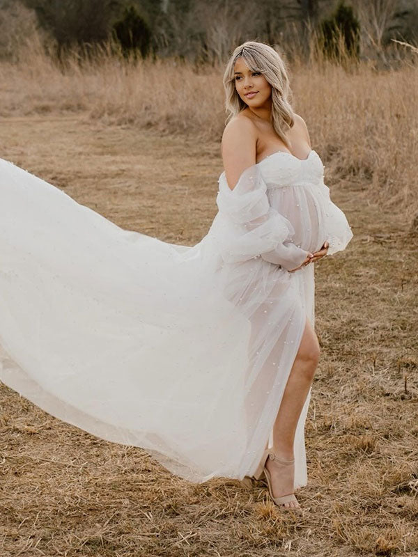 Mumsmode Zwangerchaps Fotoshoot Jurken Elegante Tule Zijsplit Parel Maxi Jurken
