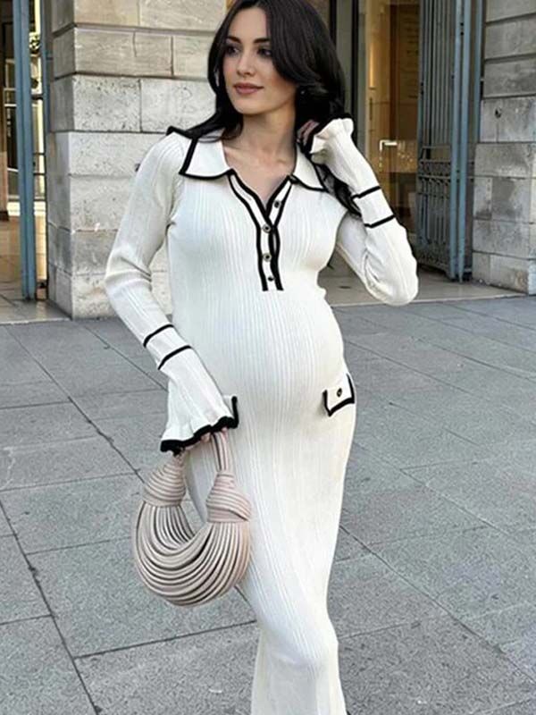Mumsmode Zwangerschaps Maxi Bodycon Jurk Elegant Werk Ruches Enkele Borst Zakken