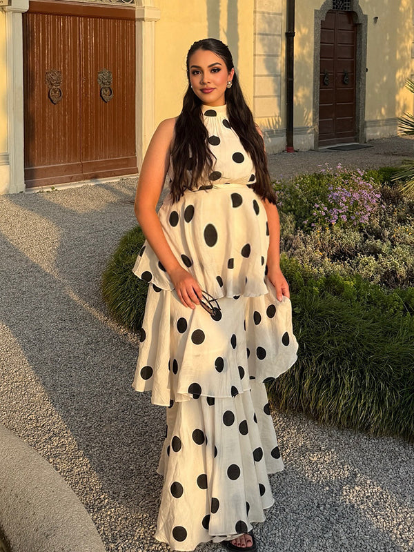 Mumsmode Zwangerschaps Maxi Jurk Chique Cocktail Stippenprint Ruches 2-in-1 Rok Blous