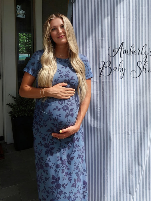 Mumsmode Chique Donkerblauw Bloemenprint Bodycon Zeemeermin Babyshower Zwangerschaps Maxi Jurk