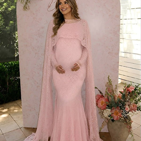 Elegante Roze Kanten Cape Zeemeermin Zwangerschaps Maxi Jurk