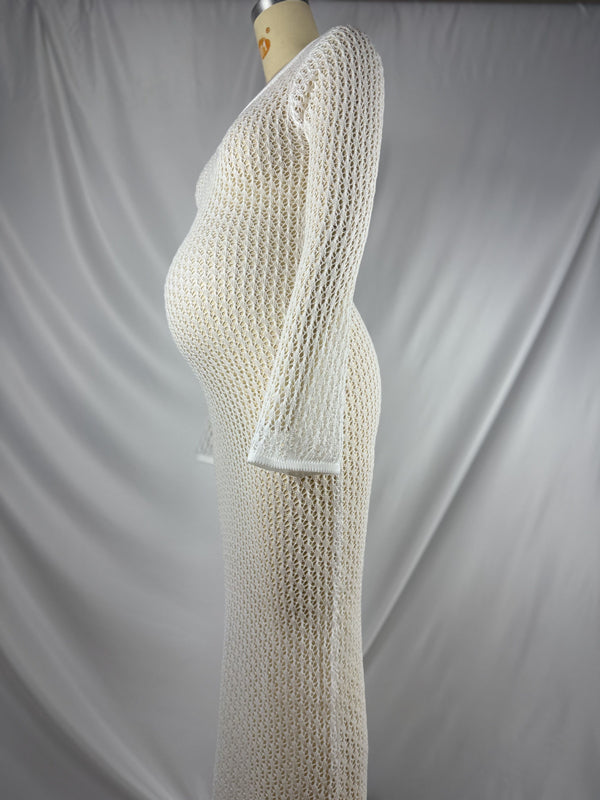 Mumsmode Zwangerchaps Midi Fotoshoot Jurken Breien Ronde Hals Wit