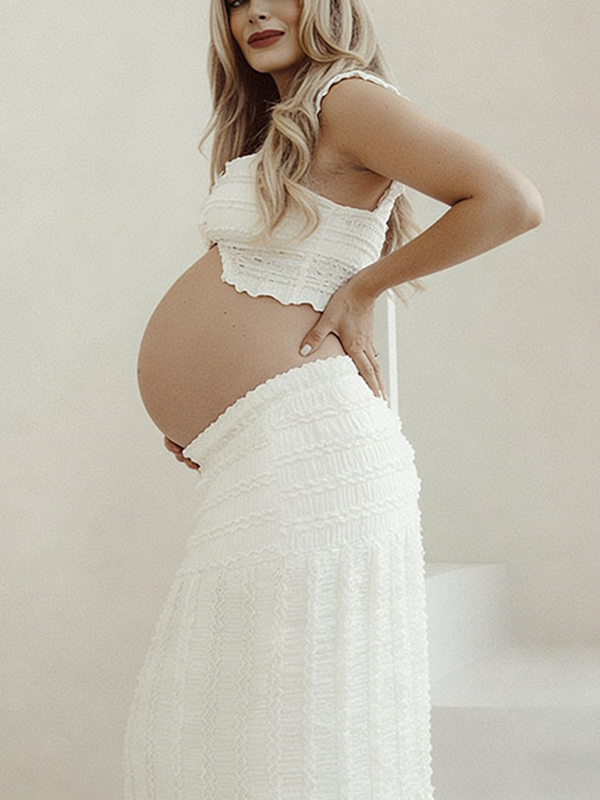 Mumsmode Witte Zwangerschaps Maxi Jruk Tweedelige Set Ruches Geplooid Gesmokt Knopen Cropped Fotoshoot