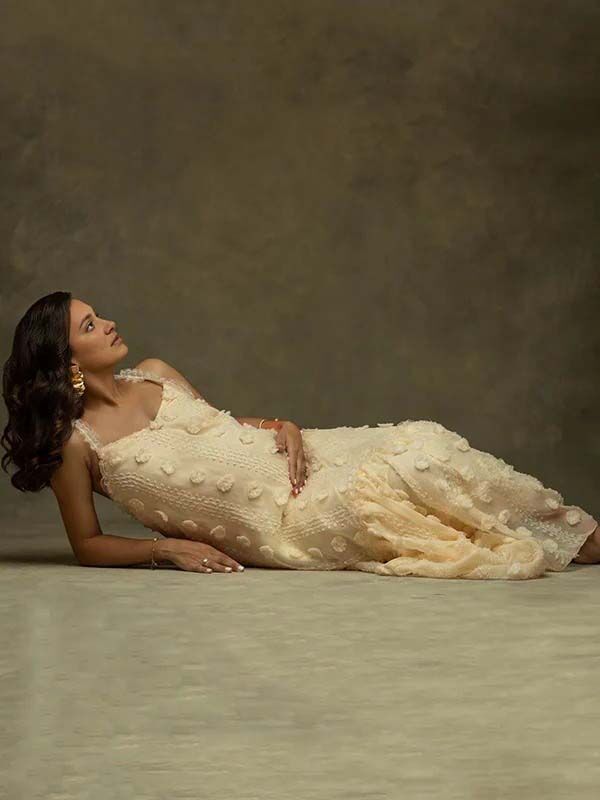 Mumsmode Zwangerchaps Maxi Fotoshoot Jurken Elegant Appliques Gekreukt Halternek Beige