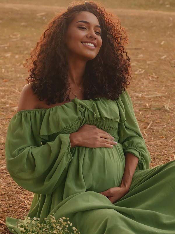 Mumsmode Zwangerschaps Fotoshoot Jurken Elegant Ruches Koord Gedrapeerd Trapeze Off Shoulder Maxi Jurken