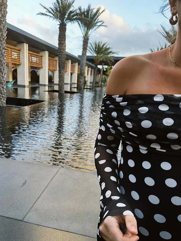 Mumsmode Zwangerchaps Maxi Cocktail Jurken Elegante Zwart En Wit Stippenprint Off Shoulder Gekreukt Bodycon