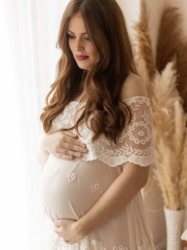 Mumsmode Zwangerschaps Zoete Fotoshoot  Maxi Jurk Boheemse Off Shoulder Veter Ruches