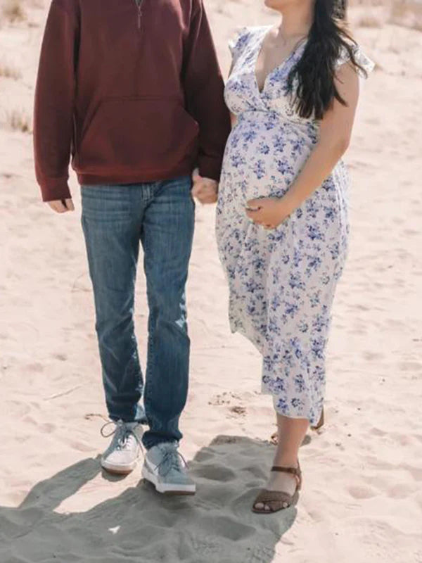 Mumsmode Zwangerschaps Maxi Fotoshoot Jurk Vakantie Bloemenprint Ruches Gekreukt Trapeze