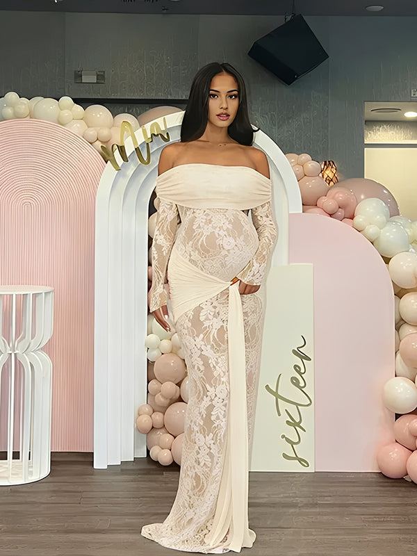 Mumsmode Abrikozen Zwangerschaps Maxi Jurk Off Shoulder Kant Ingezet Vetersluiting Babyshower