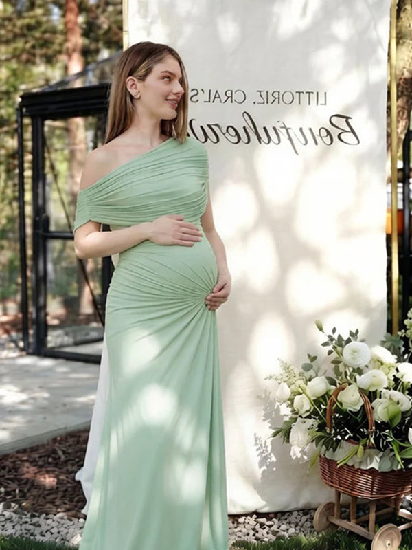 Groene Aansluitende Maxi Zwangerschapsjurk Off Shoulder Ruches