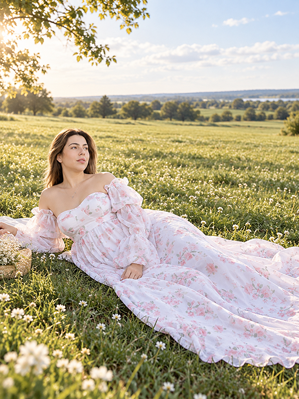 Roze Bloemen Off-Shoulder Grote Zwangerschaps Fotoshoot Maxi Jurk