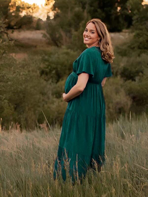 Mumsmode Zwangerchaps Maxi Fotoshoot Jurk Elegant Riem Gekreukt V-hals Korte Mouw Donkergroen