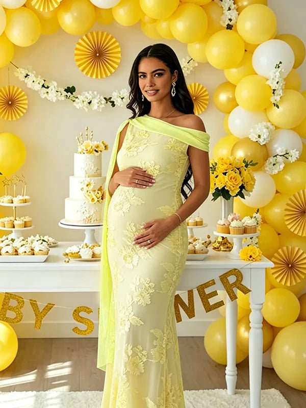 Zwangerschaps Maxi Jurk Borduurdetails One-Shoulder Tule Bloemenschouder Bodycon