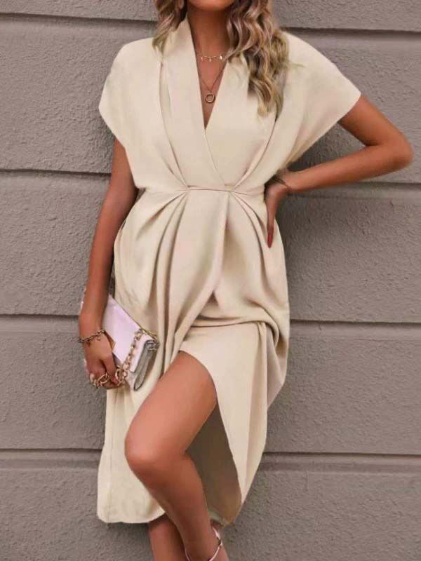 Midi Bodyconjurk Zwangerschaps Gekreukt Zijsplit Onregelmatig Werk Beige